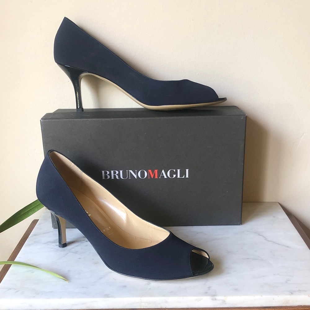Bruno Magli Navy Open-Toe Kitten Heel Pumps